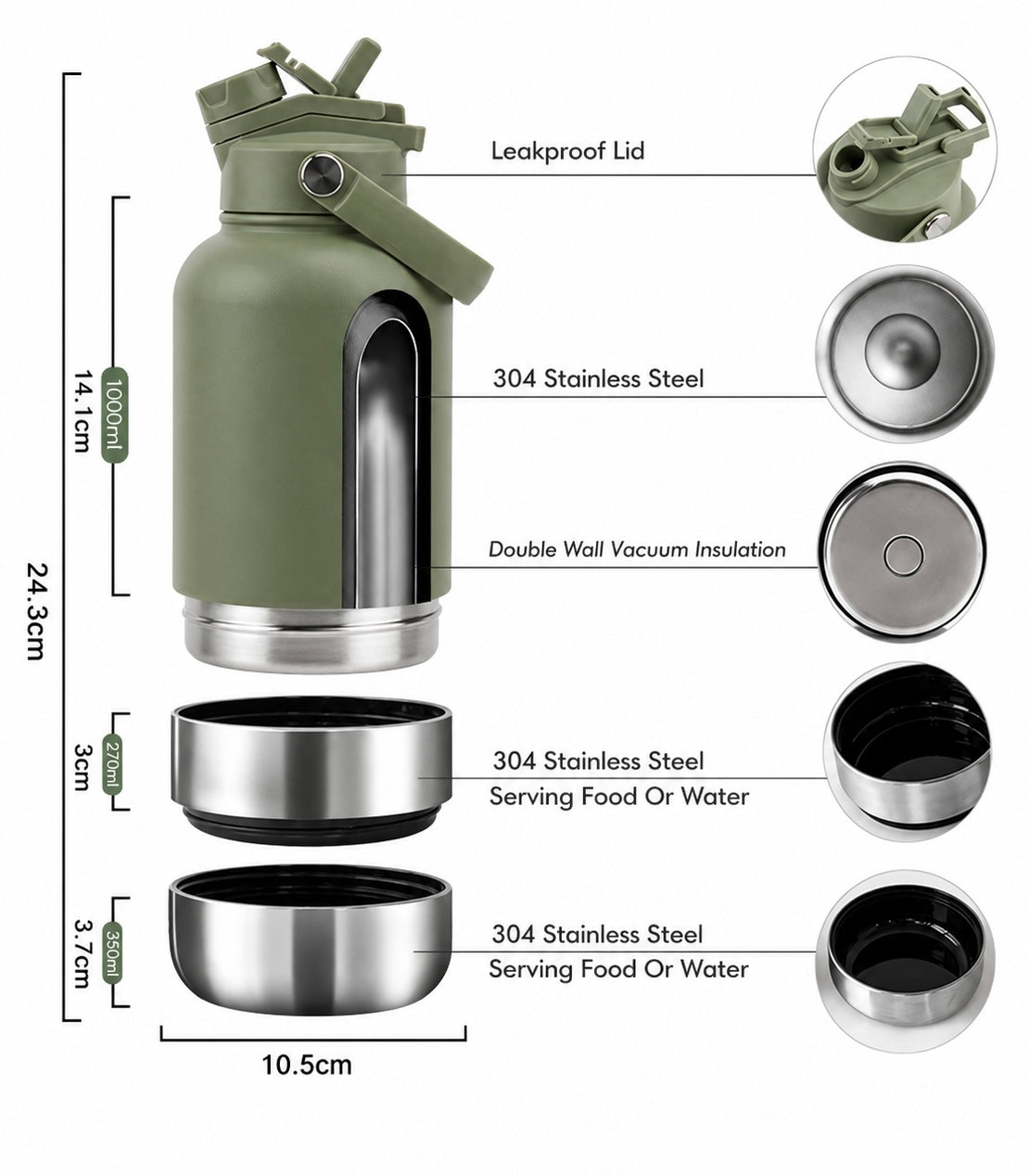 ESHACKERWOW™ 3-in-1 Adventure Bottle | Insulated Water Bottle with Food & Water Bowls for Pets, Hiking, Gym, Travel & Everyday Use