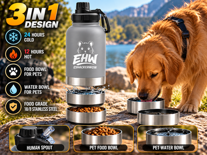 ESHACKERWOW 3-in-1 bottle with pet food and water bowls