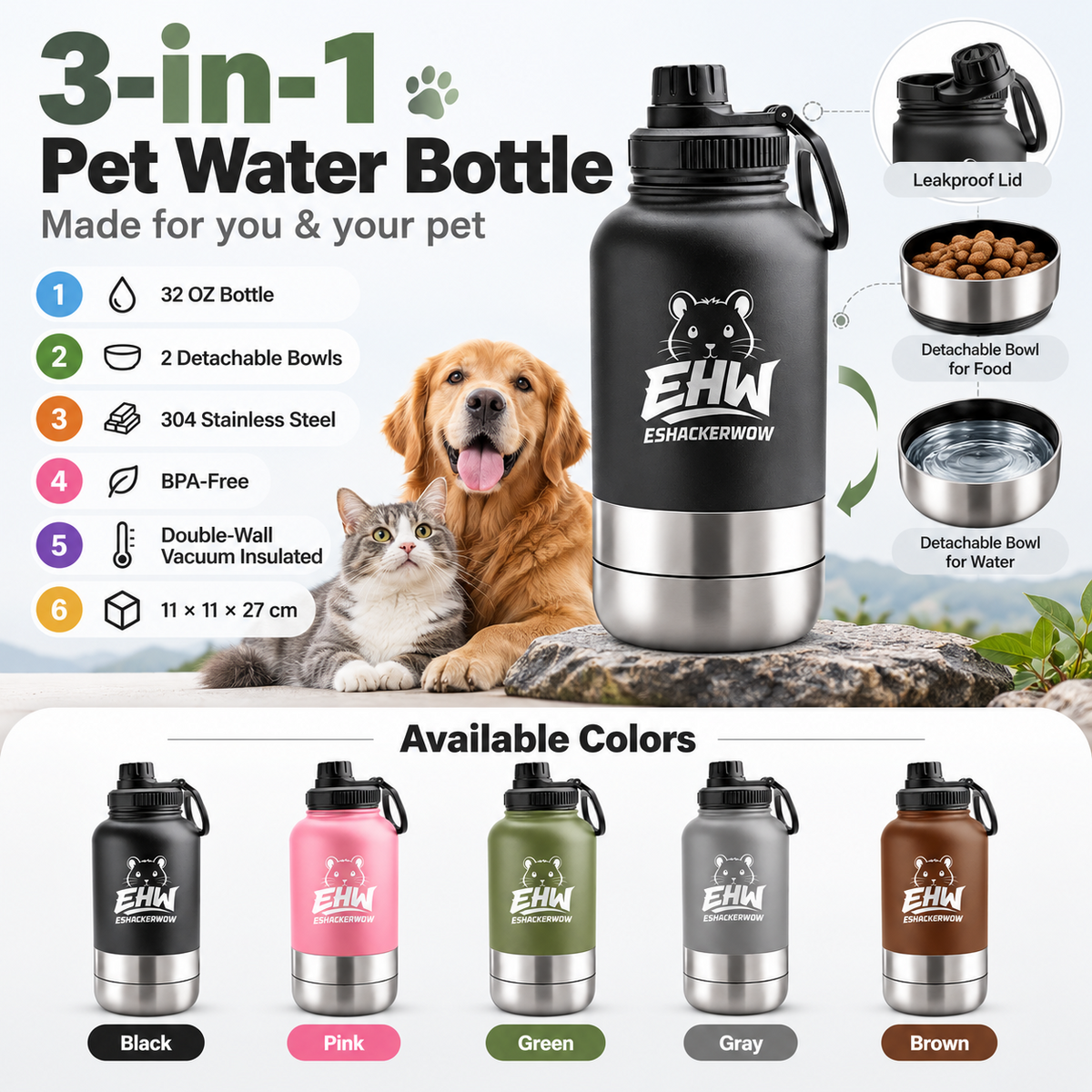 ESHACKERWOW 3-in-1 pet water bottle features and available colors