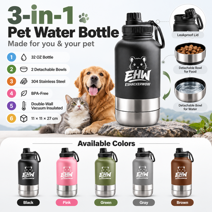 ESHACKERWOW 3-in-1 pet water bottle features and available colors