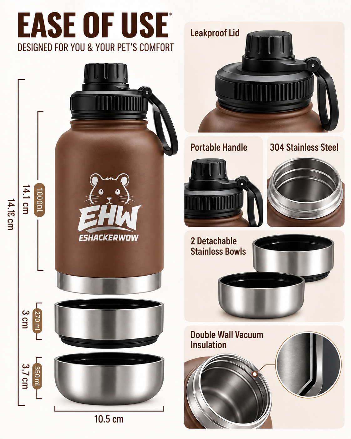 ESHACKERWOW brown bottle ease of use and detachable bowl features